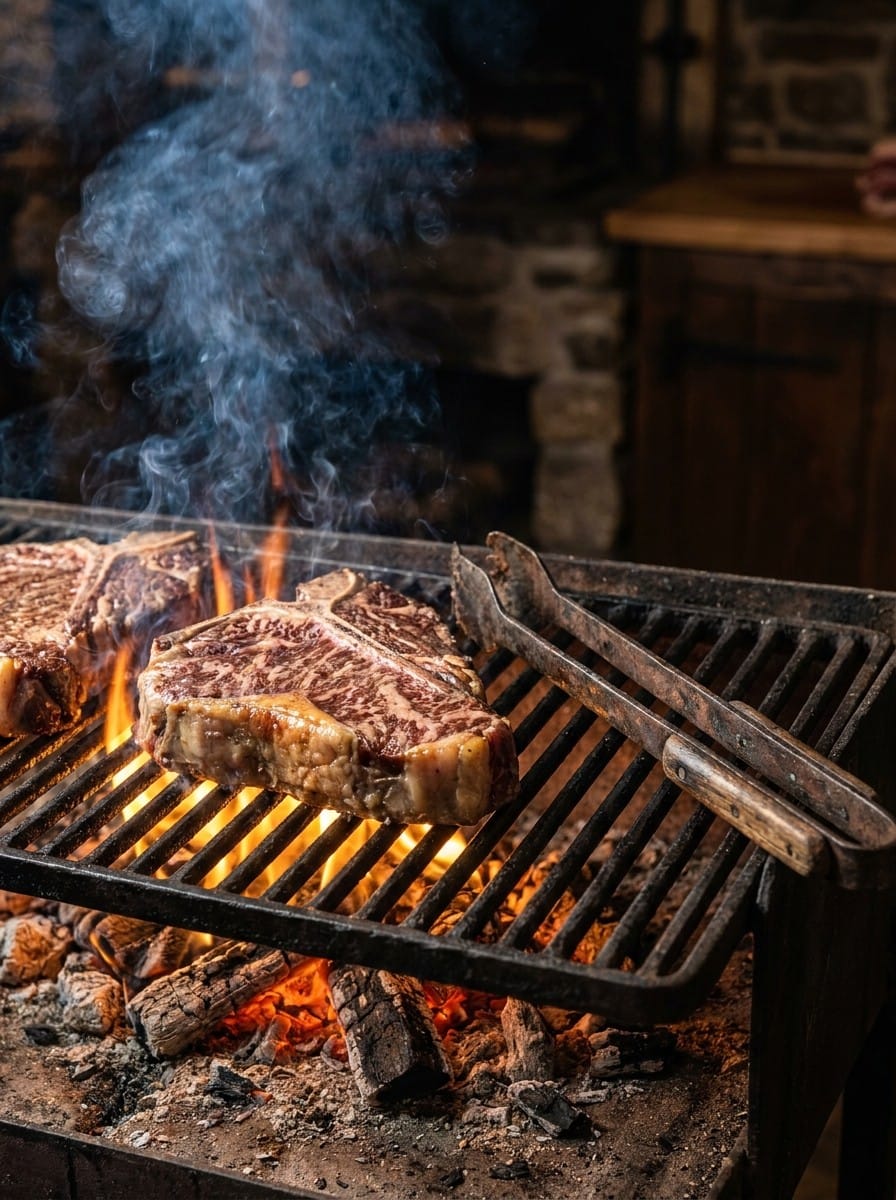 Bife de chorizo sobre parrilla de hierro con llamas, en un ambiente rústico de piedra