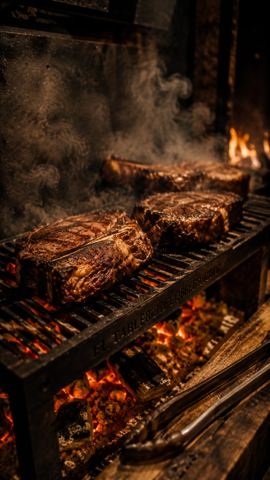 Cortes de carne sobre una parrilla de hierro con brasas encendidas